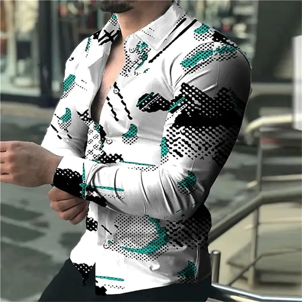 Men's 3D Leopard Print Long Sleeve Shirt Teal Yellow - Image 2