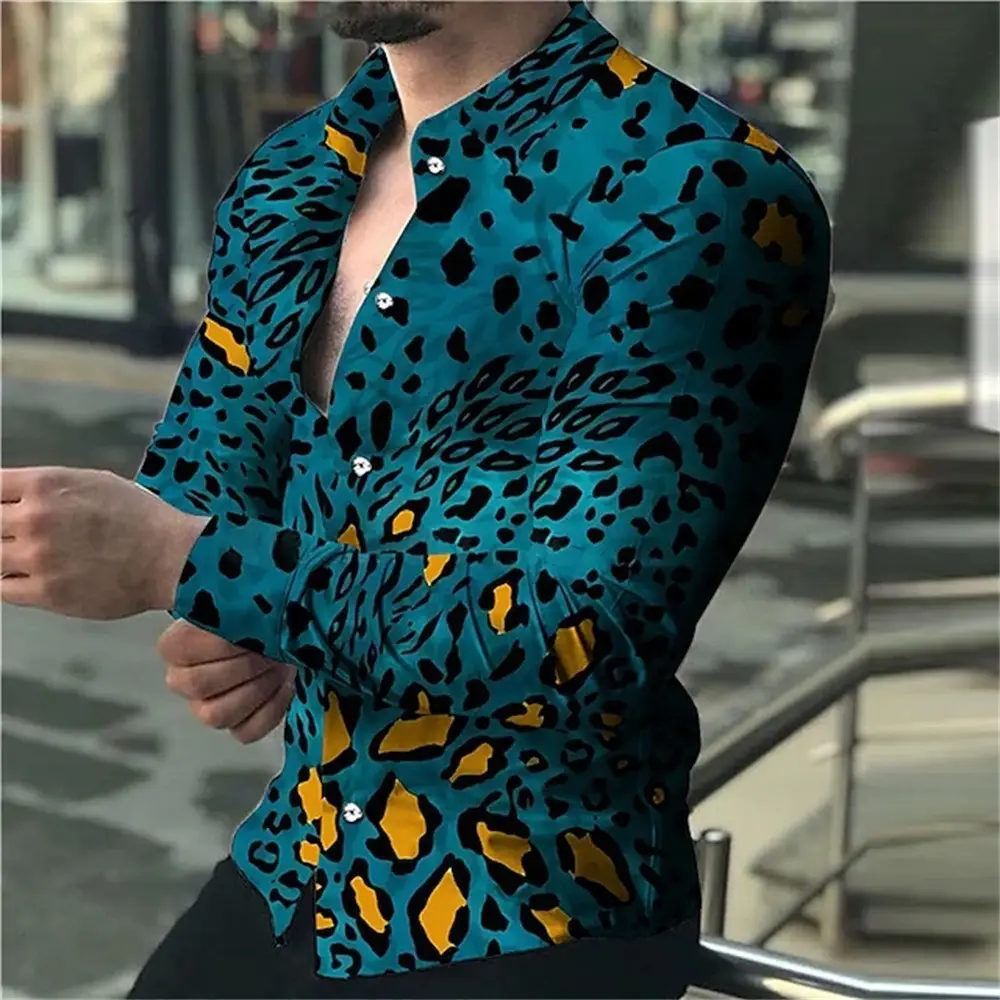 Men's 3D Leopard Print Long Sleeve Shirt Teal Yellow - Image 20