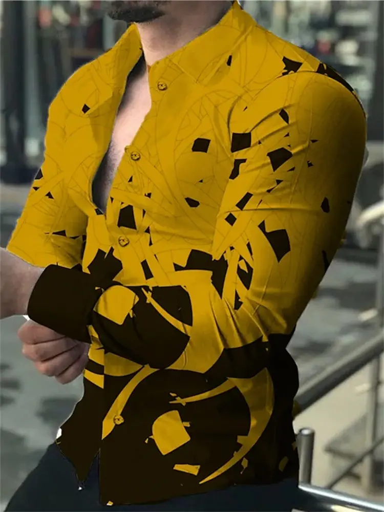 Men's 3D Leopard Print Long Sleeve Shirt Teal Yellow - Image 3