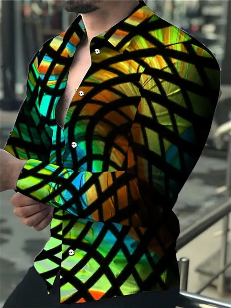 Men's 3D Leopard Print Long Sleeve Shirt Teal Yellow - Image 6