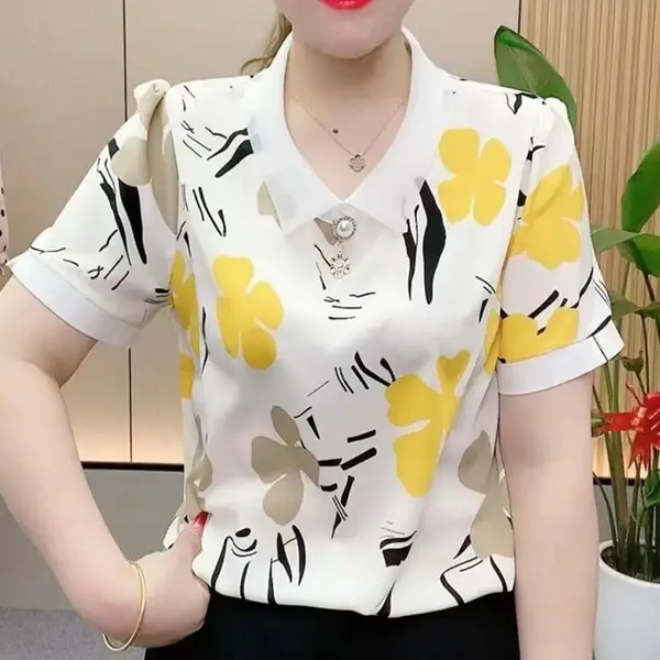 Women's Chiffon Floral Collar T-Shirt White Yellow - Image 3