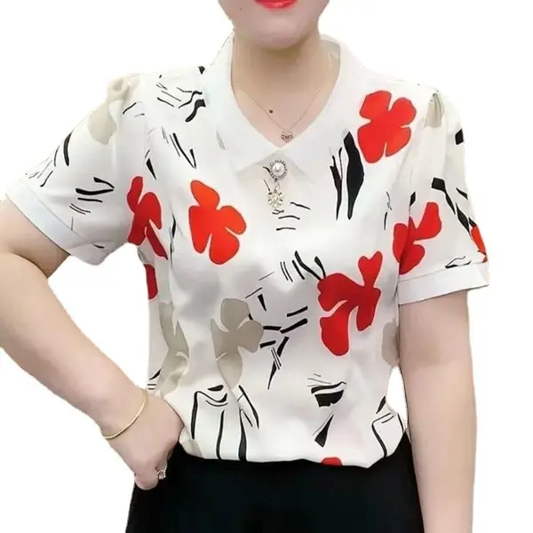 Women's Chiffon Floral Collar T-Shirt White Yellow - Image 4