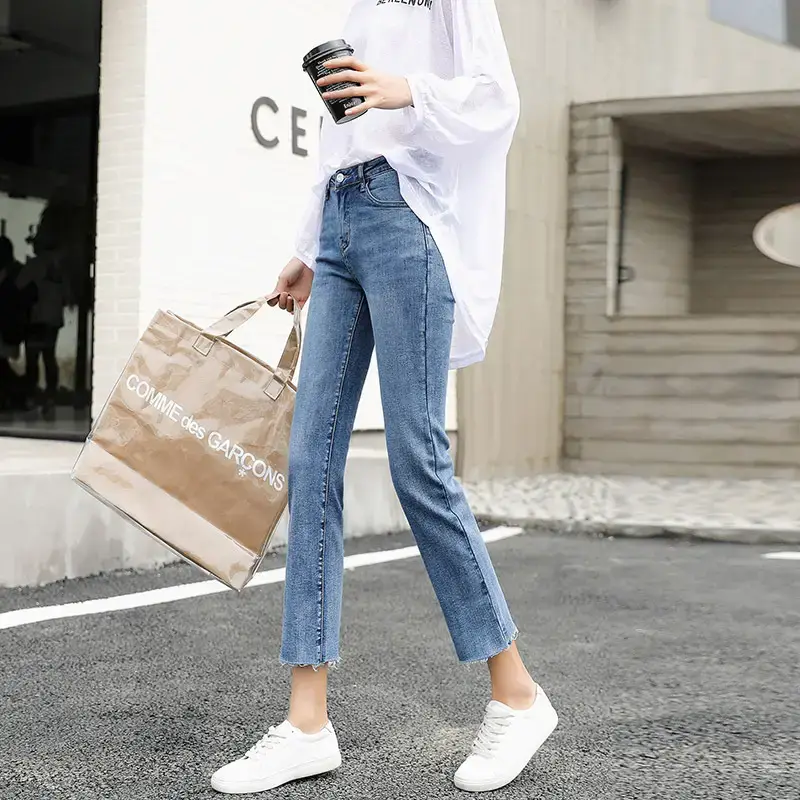 Women Cropped Light Blue Straight Jeans 2022 - Image 6