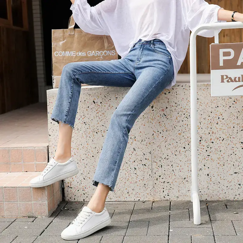 Women Cropped Light Blue Straight Jeans 2022 - Image 7