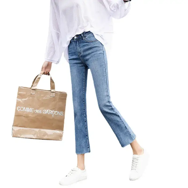 Women Cropped Light Blue Straight Jeans 2022 - Image 9