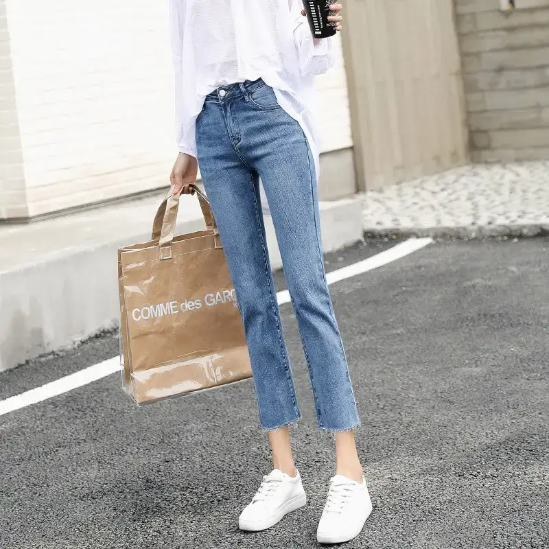 Women Cropped Light Blue Straight Jeans 2022 - Image 2