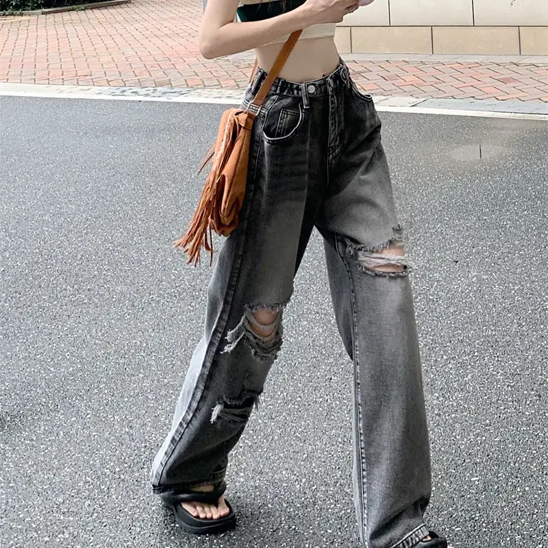 Smoky Grey Wide Leg Ripped Jeans Women Summer - Image 3