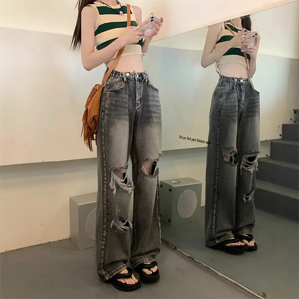 Smoky Grey Wide Leg Ripped Jeans Women Summer - Image 4