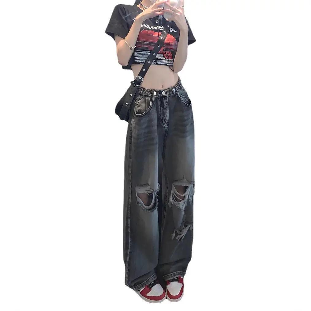 Smoky Grey Wide Leg Ripped Jeans Women Summer - Image 6