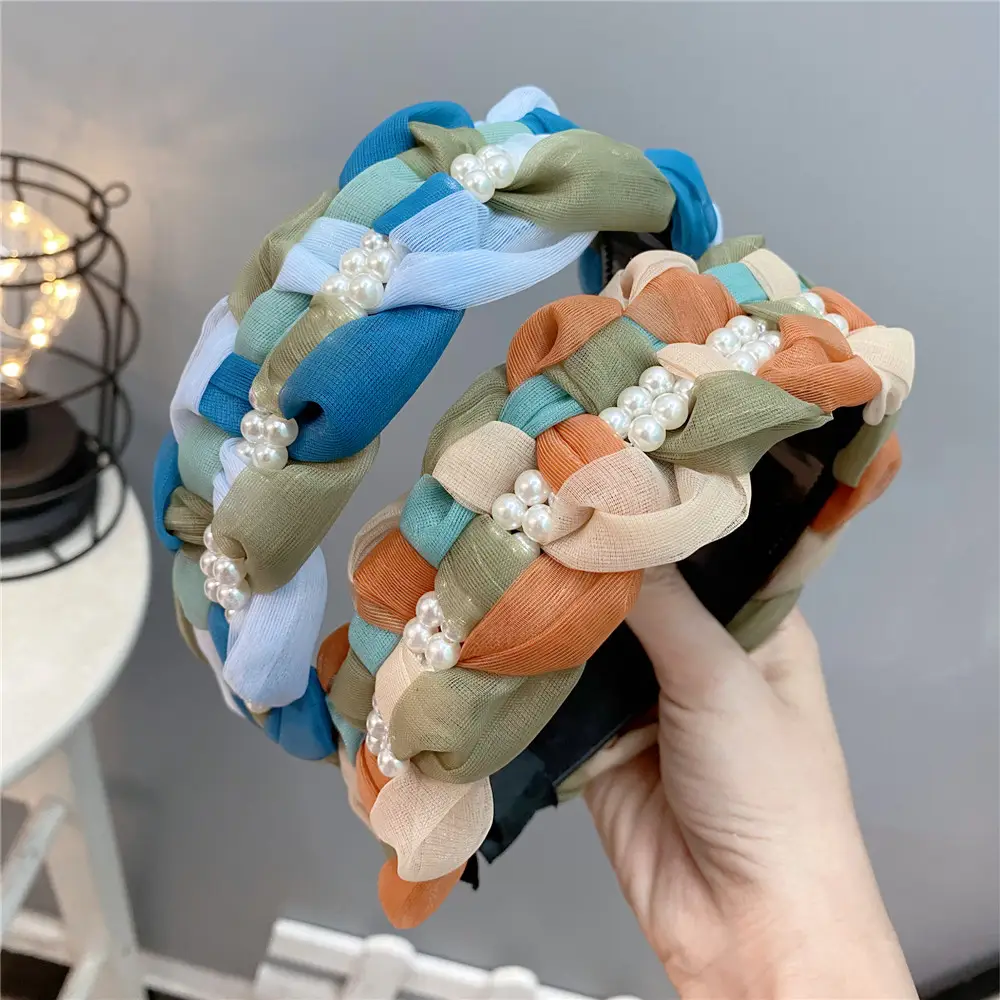 Double Layer Pearl Organza Twist Headband for Women - Image 6