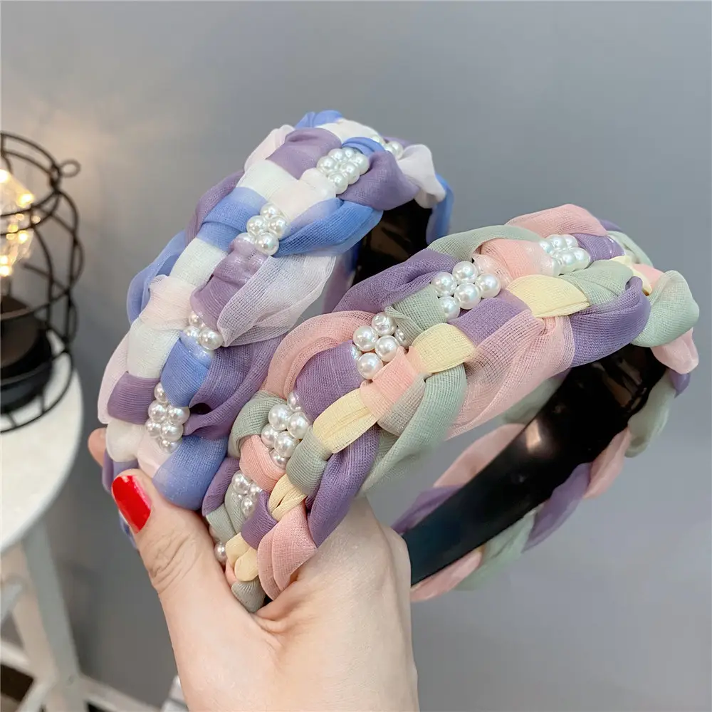 Double Layer Pearl Organza Twist Headband for Women - Image 8