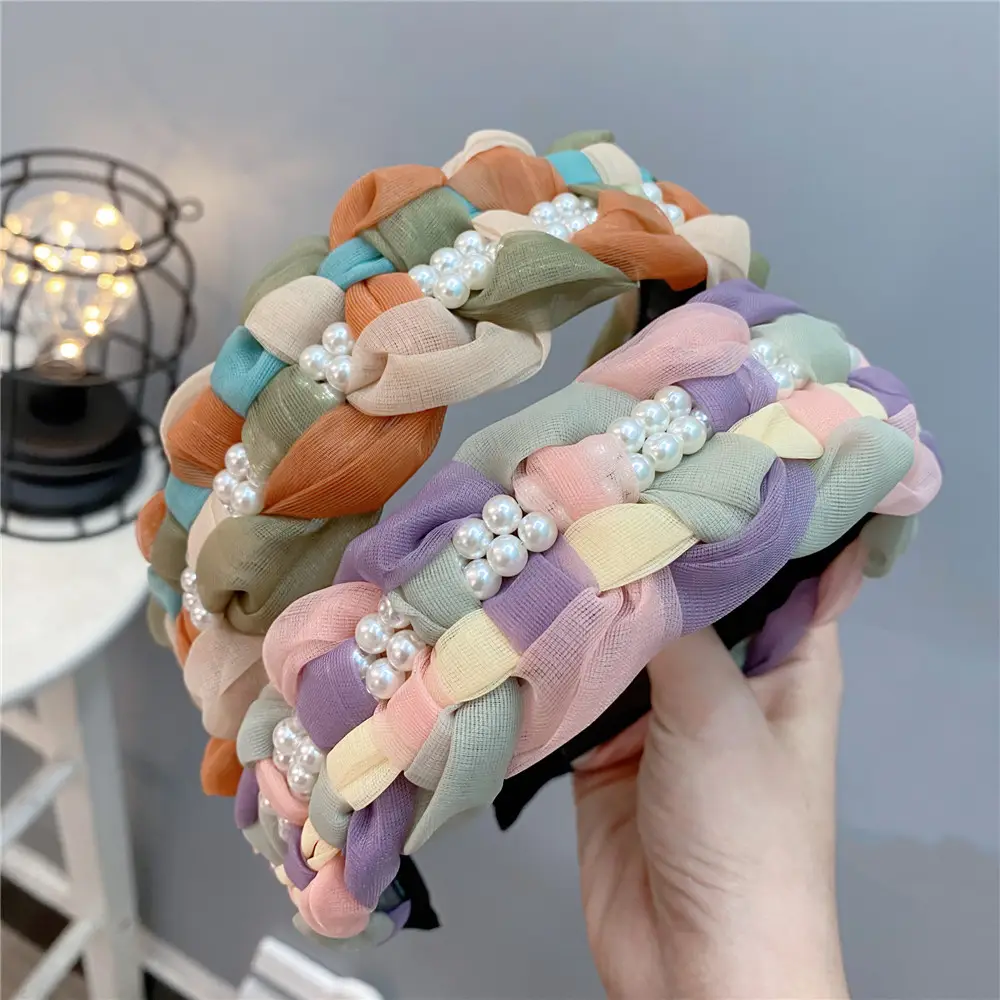 Double Layer Pearl Organza Twist Headband for Women - Image 9