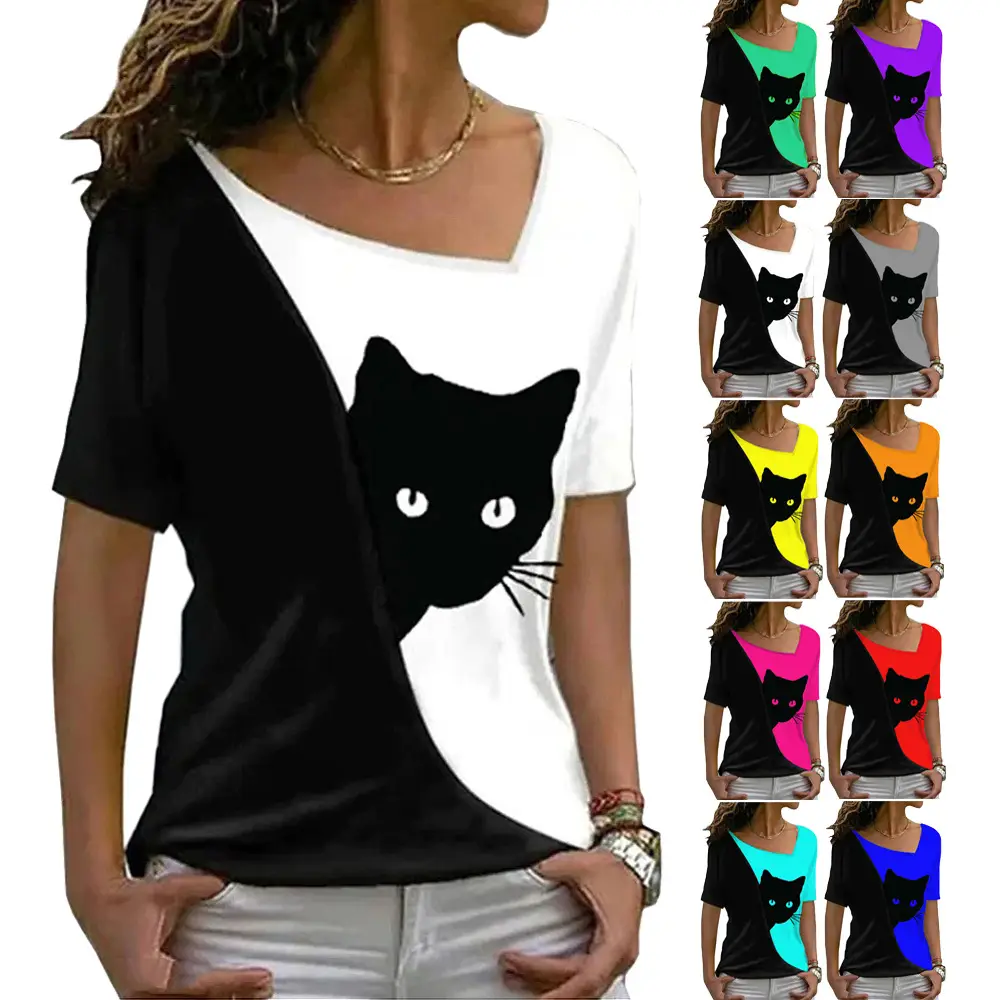 2025 Plus Size Women Black Cat Print T-Shirt - Image 11