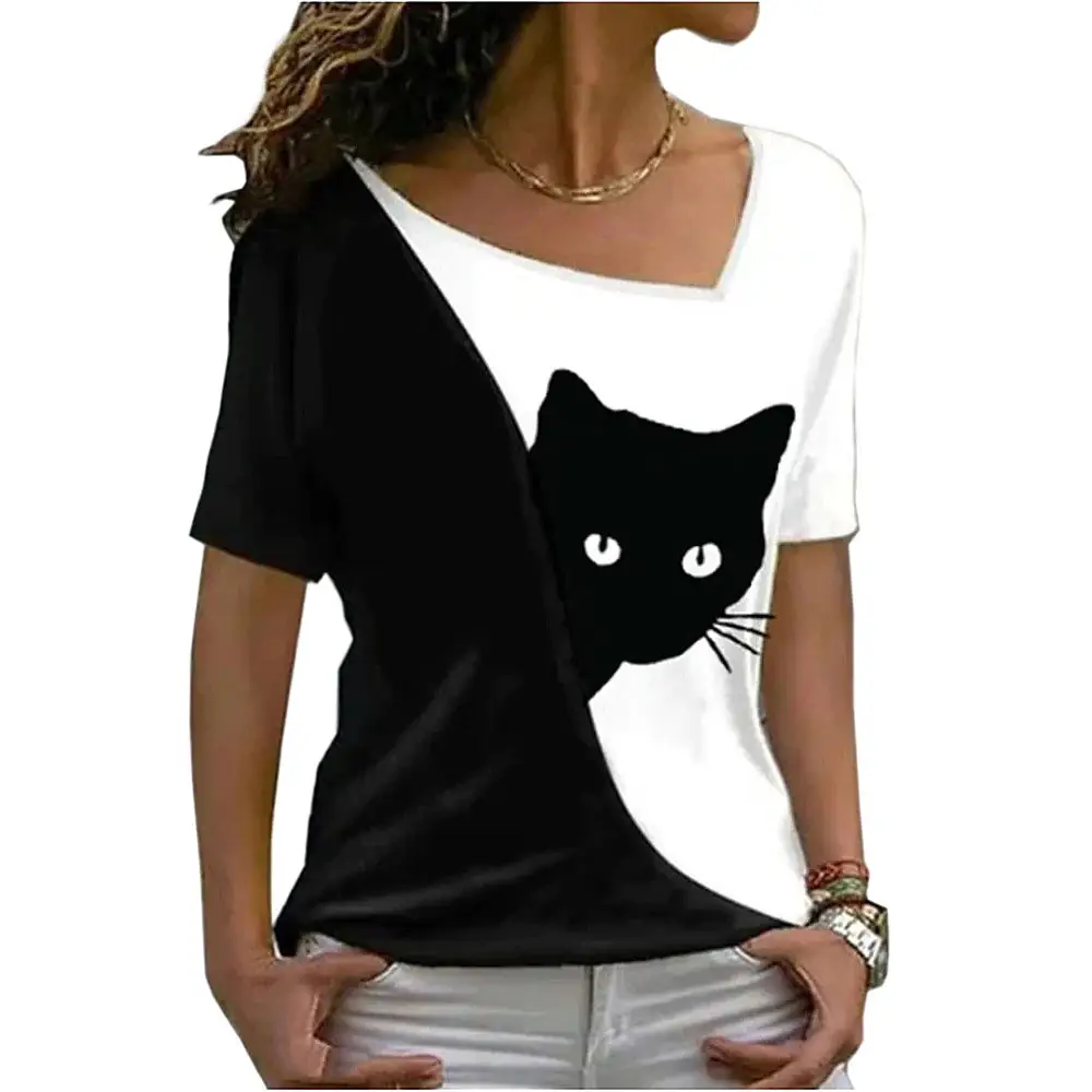 2025 Plus Size Women Black Cat Print T-Shirt - Image 2