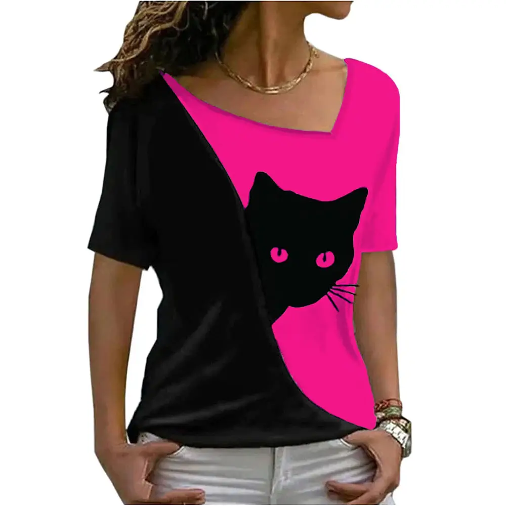 2025 Plus Size Women Black Cat Print T-Shirt - Image 9