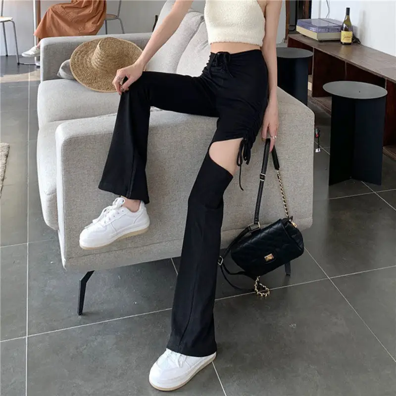Women Drawstring Ripped Casual Pants Black Wide Leg Spring Summer - Image 5