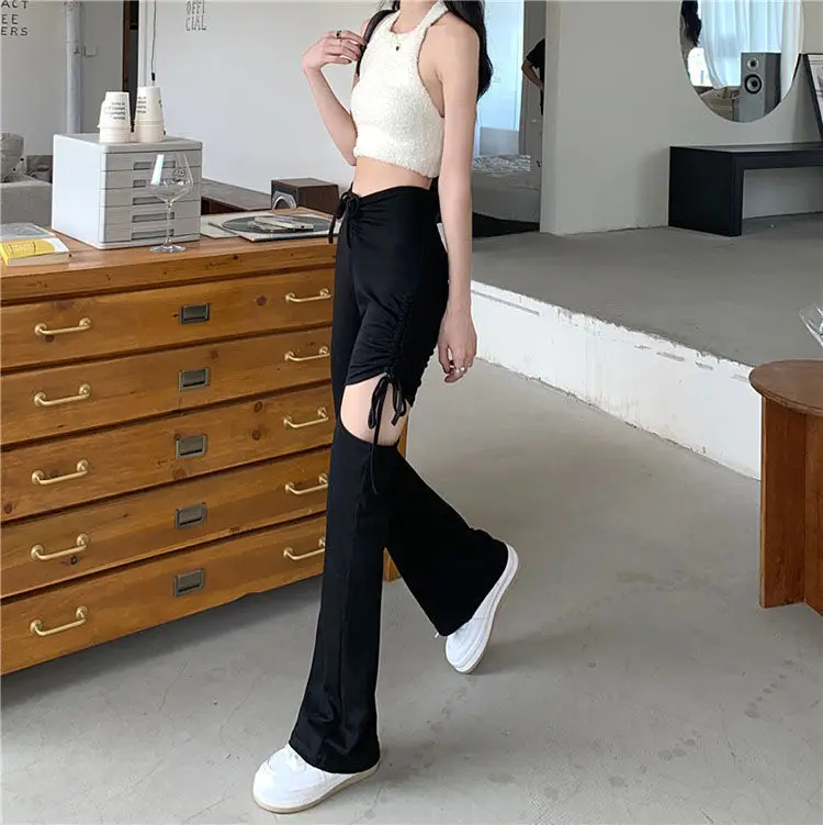 Women Drawstring Ripped Casual Pants Black Wide Leg Spring Summer — feature 10