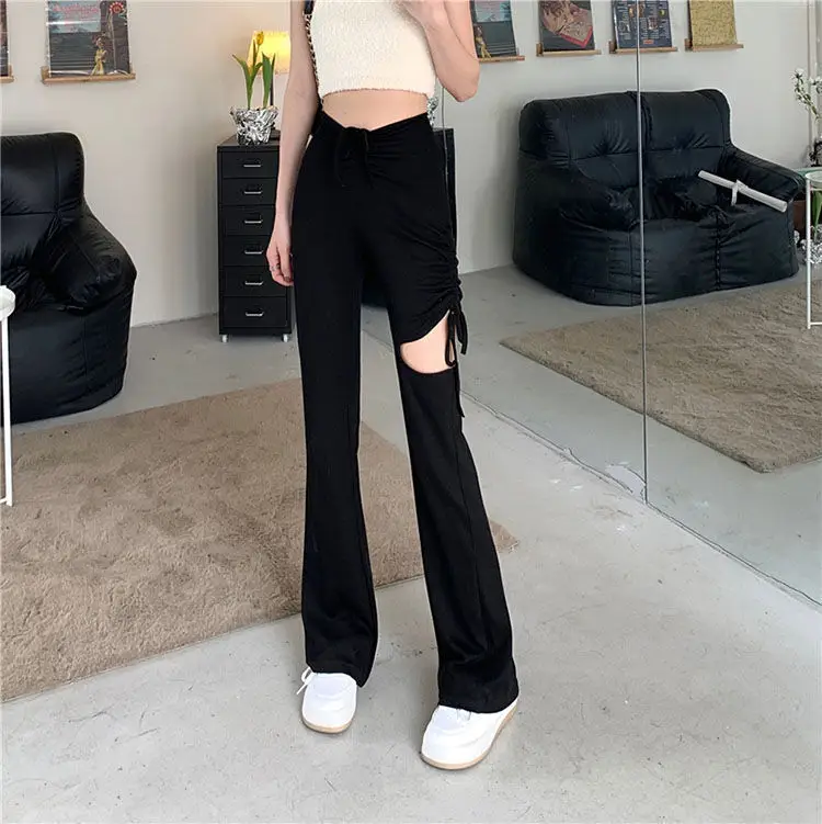 Women Drawstring Ripped Casual Pants Black Wide Leg Spring Summer — feature 17