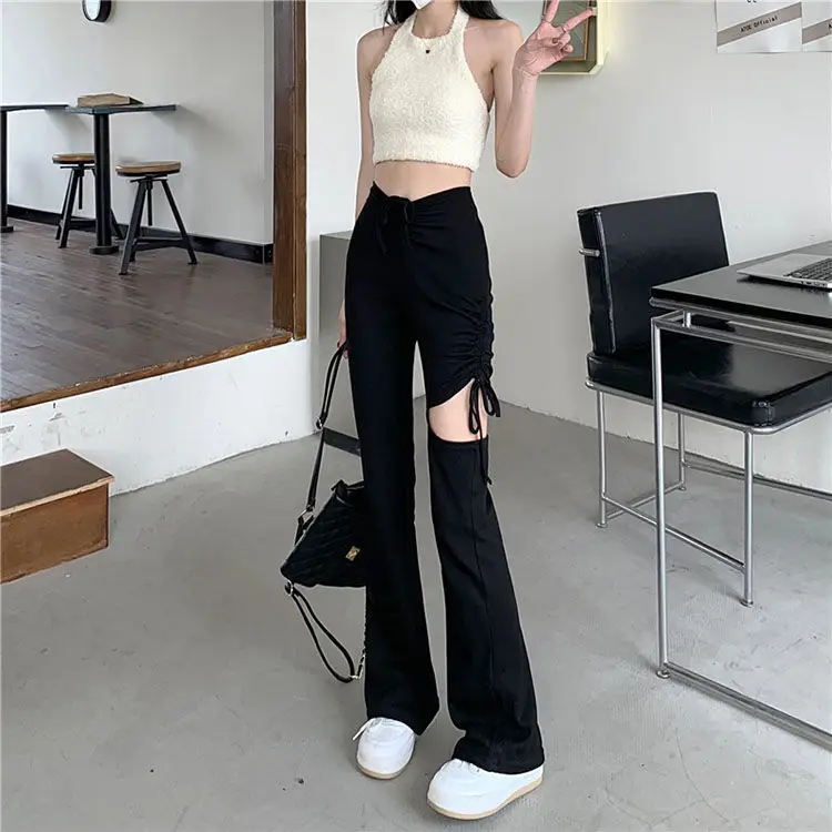 Women Drawstring Ripped Casual Pants Black Wide Leg Spring Summer — feature 2