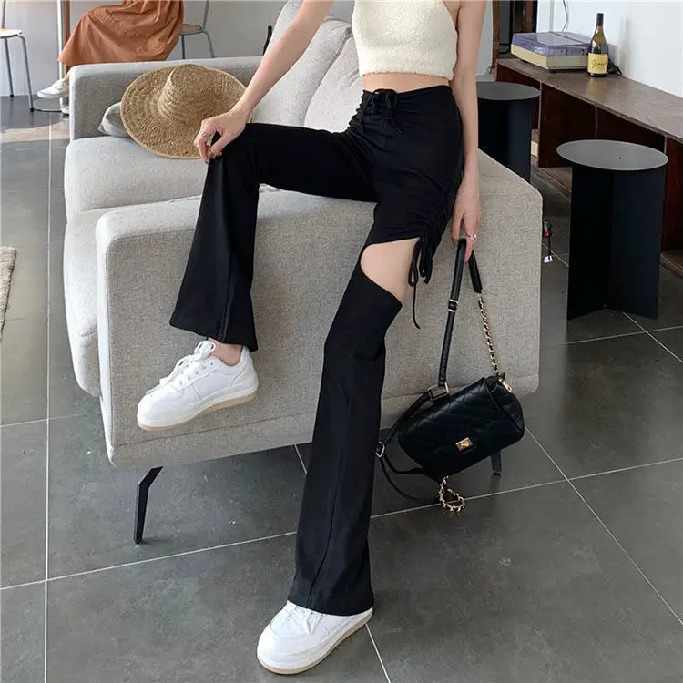 Women Drawstring Ripped Casual Pants Black Wide Leg Spring Summer — feature 5