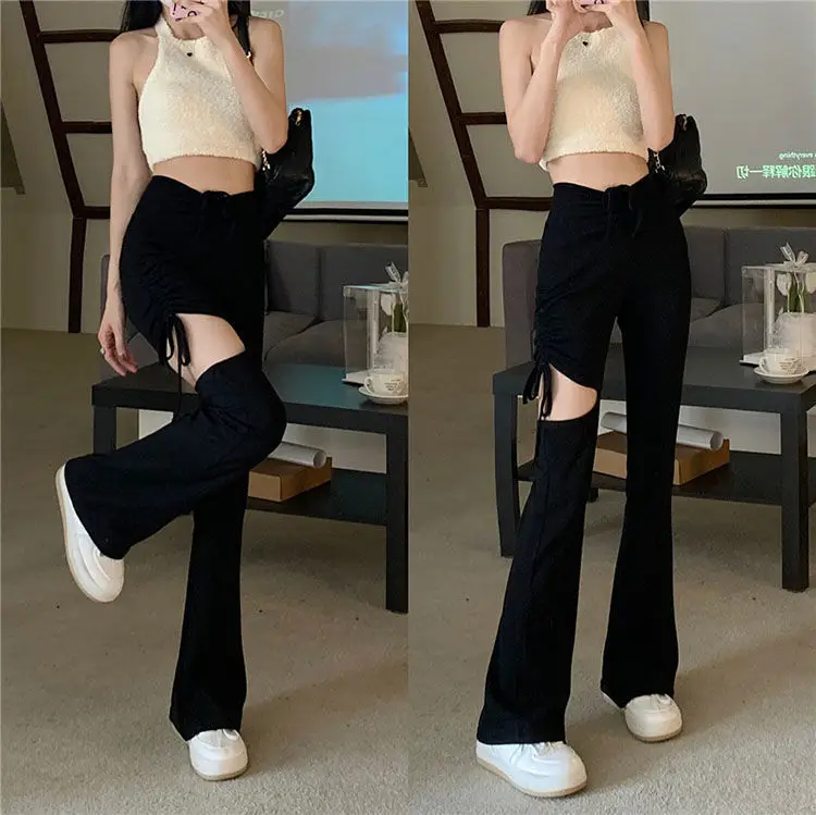 Women Drawstring Ripped Casual Pants Black Wide Leg Spring Summer — feature 7