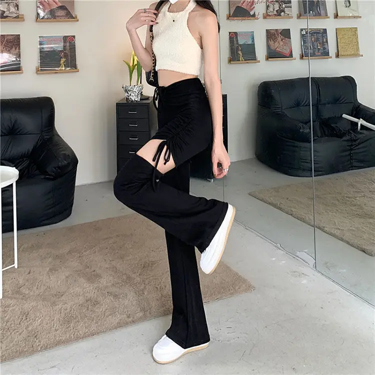 Women Drawstring Ripped Casual Pants Black Wide Leg Spring Summer — feature 9