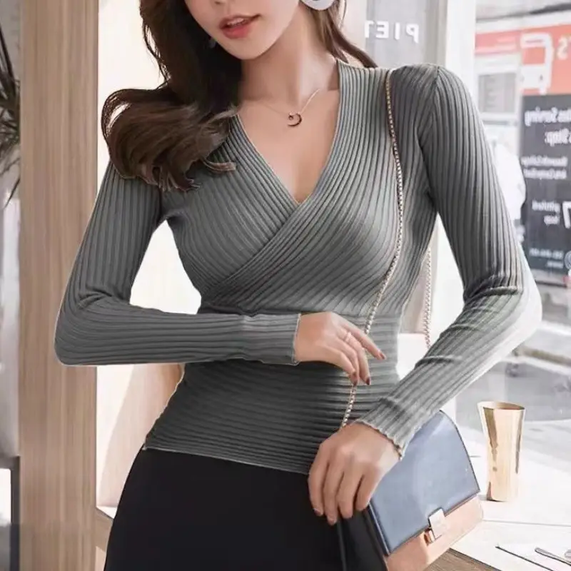 Women's V-Neck Knit Sweater Low Cut Slimming Top - Image 3