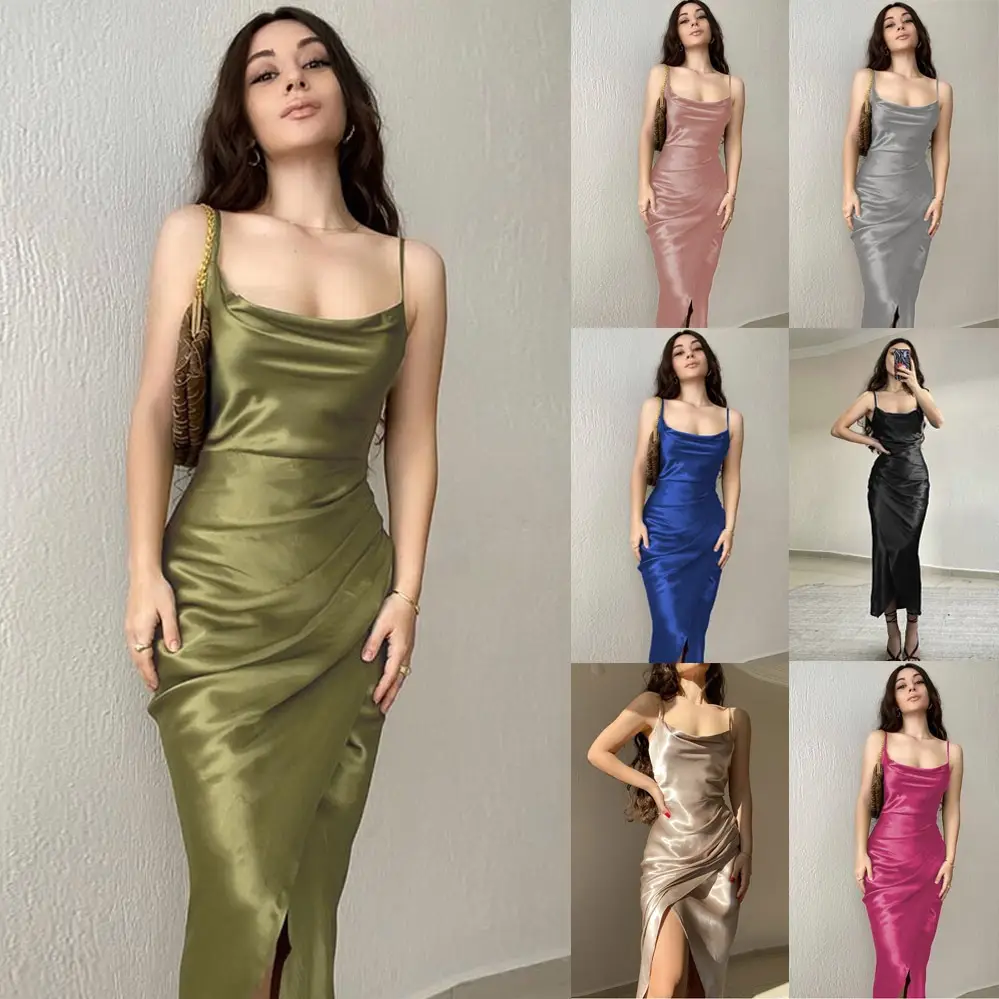 2023 Hot Girl Satin Low Cut Split Strap Dress