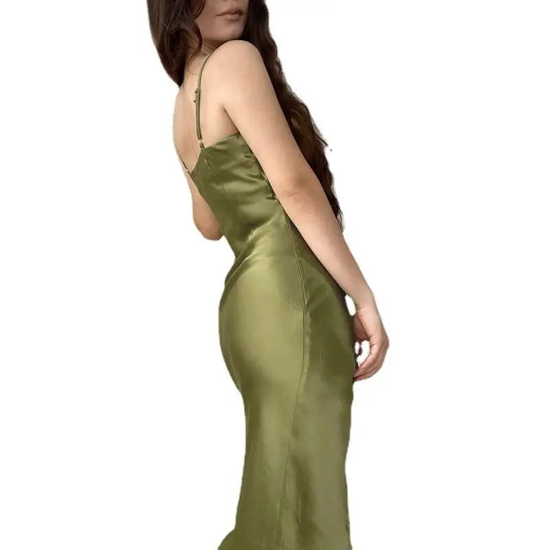 2023 Hot Girl Satin Low Cut Split Strap Dress