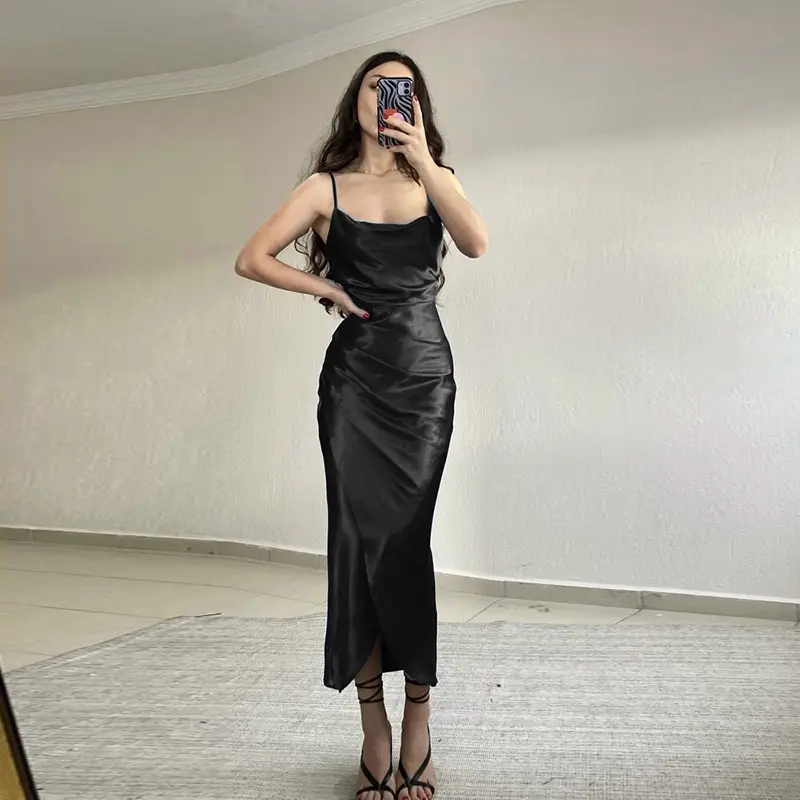 2023 Hot Girl Satin Low Cut Split Strap Dress