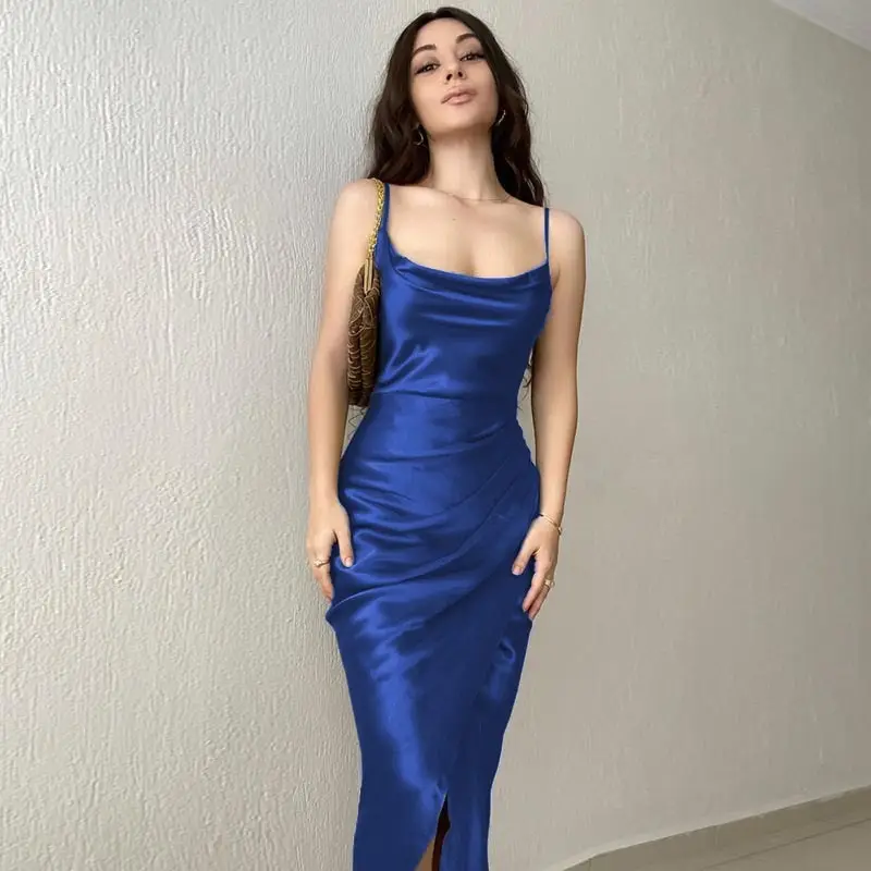 2023 Hot Girl Satin Low Cut Split Strap Dress
