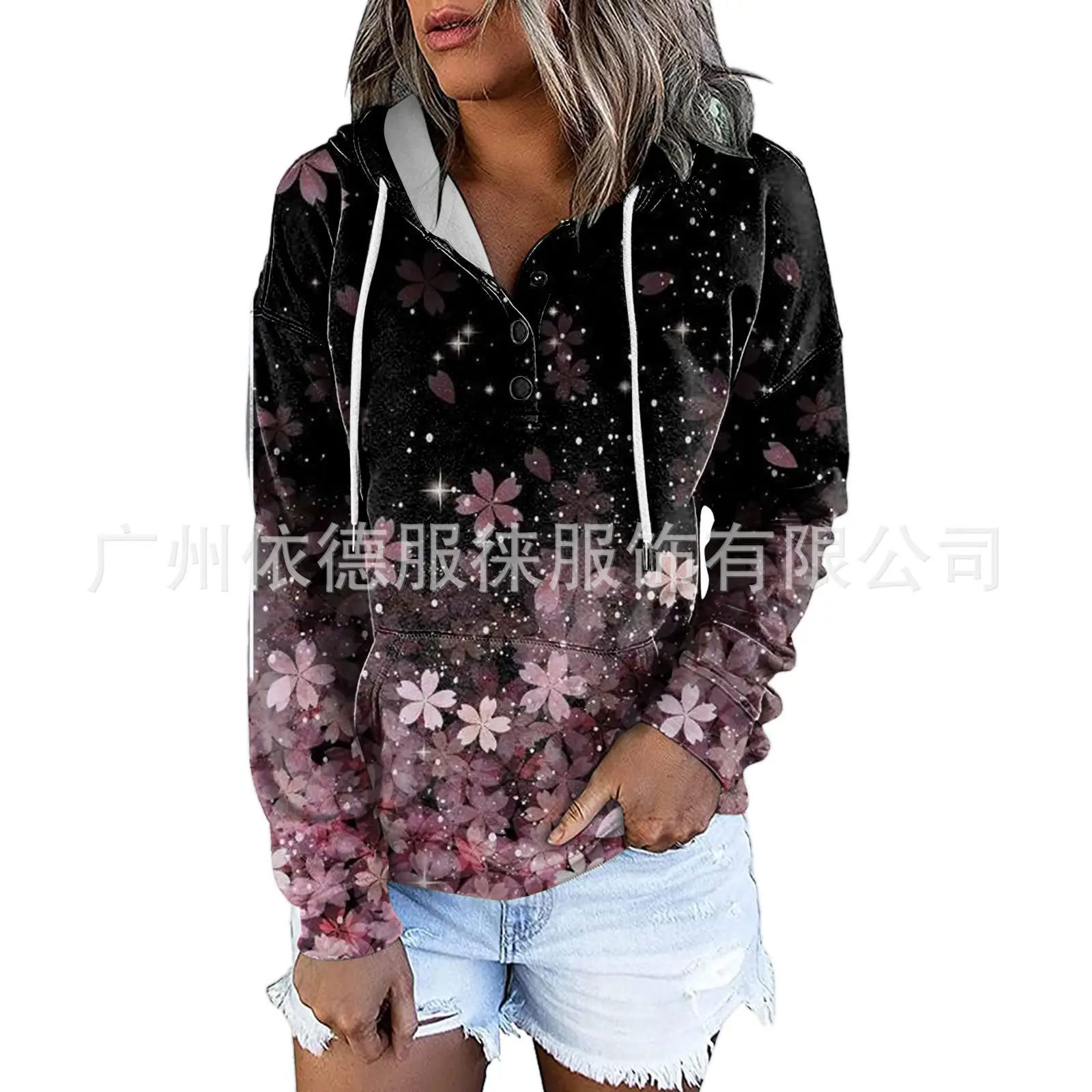 Women's Black Floral Hooded V-Neck Vest with Drawstring Pocket - Image 15