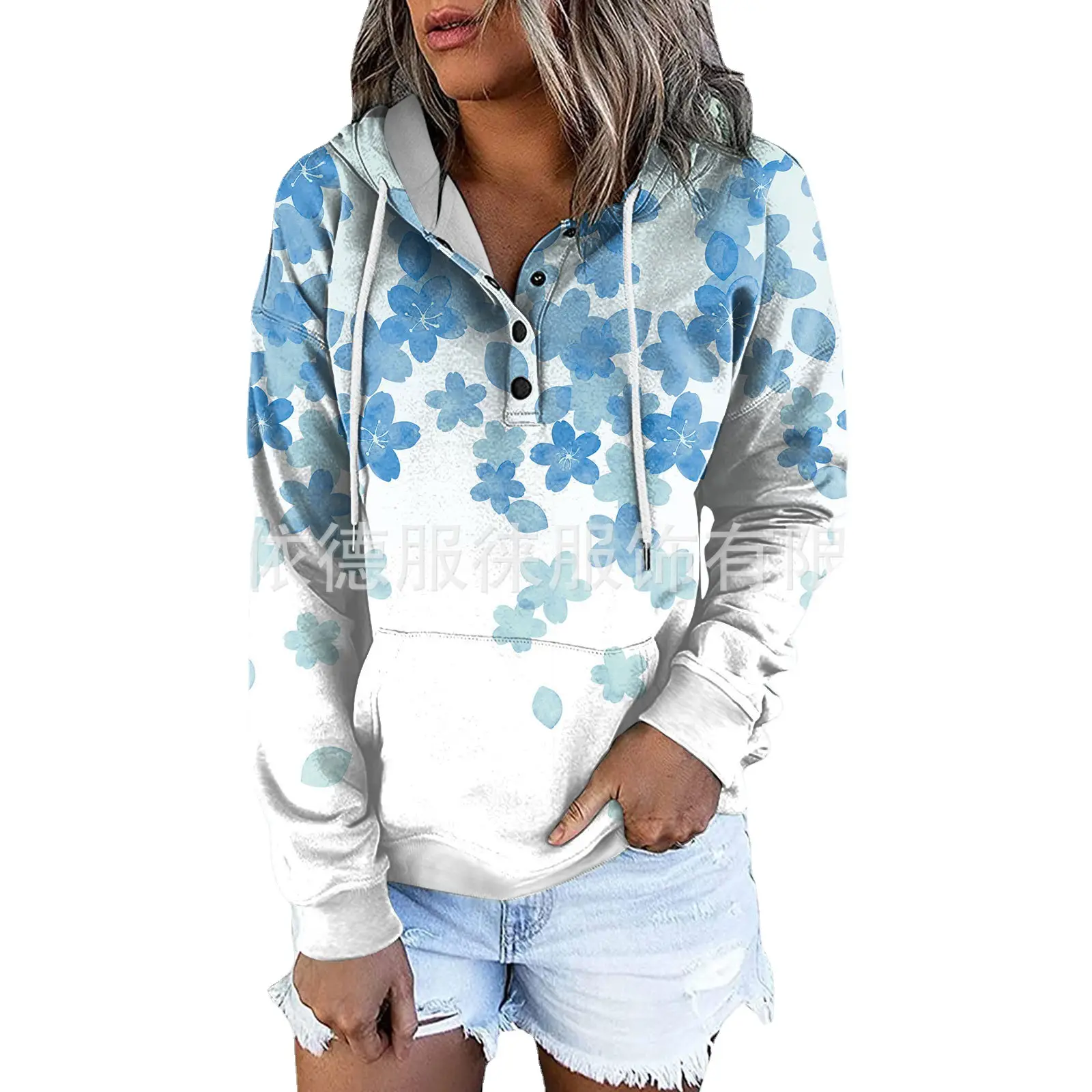 Women's Black Floral Hooded V-Neck Vest with Drawstring Pocket - Image 17