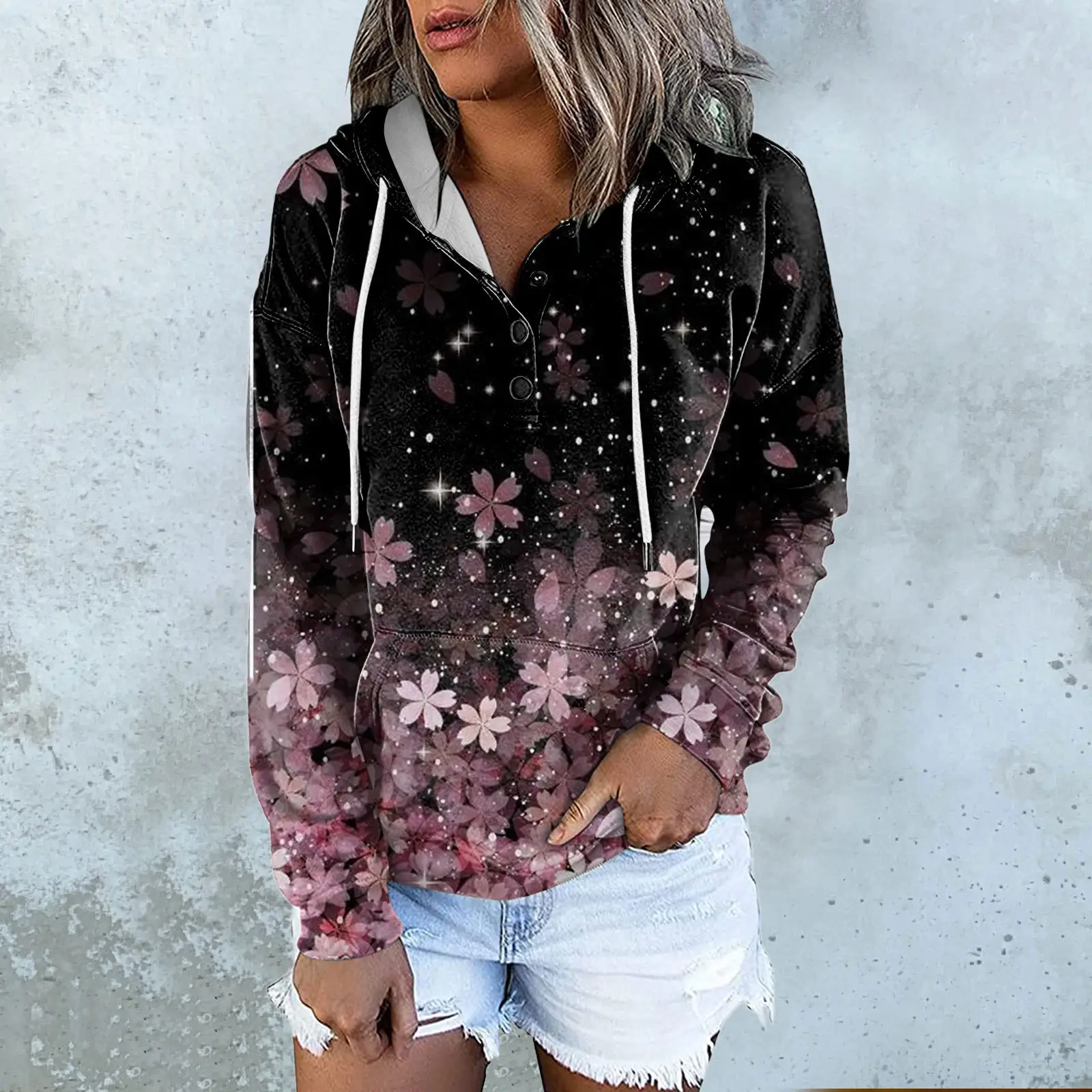 Women's Black Floral Hooded V-Neck Vest with Drawstring Pocket - Image 12