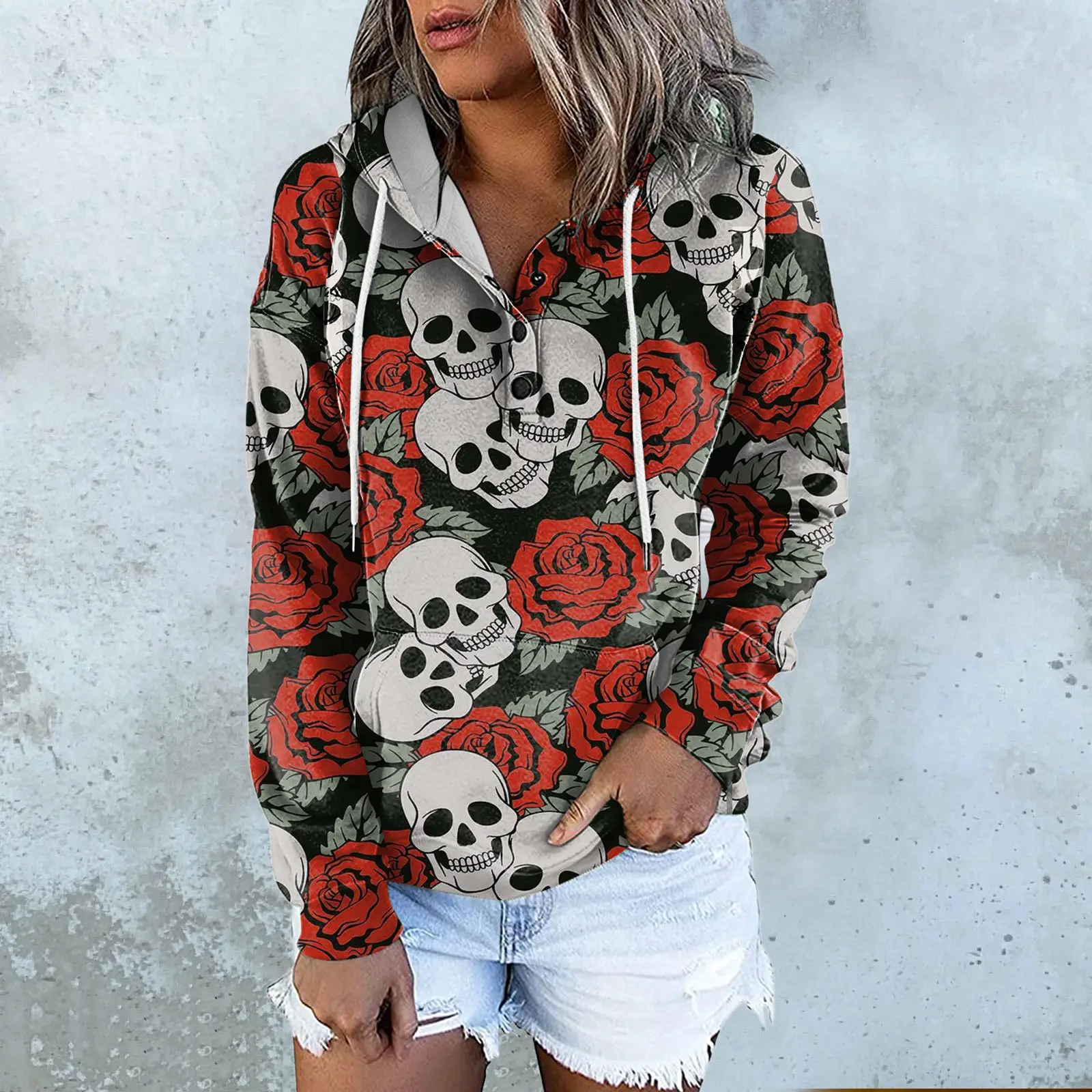 Women's Black Floral Hooded V-Neck Vest with Drawstring Pocket - Image 6