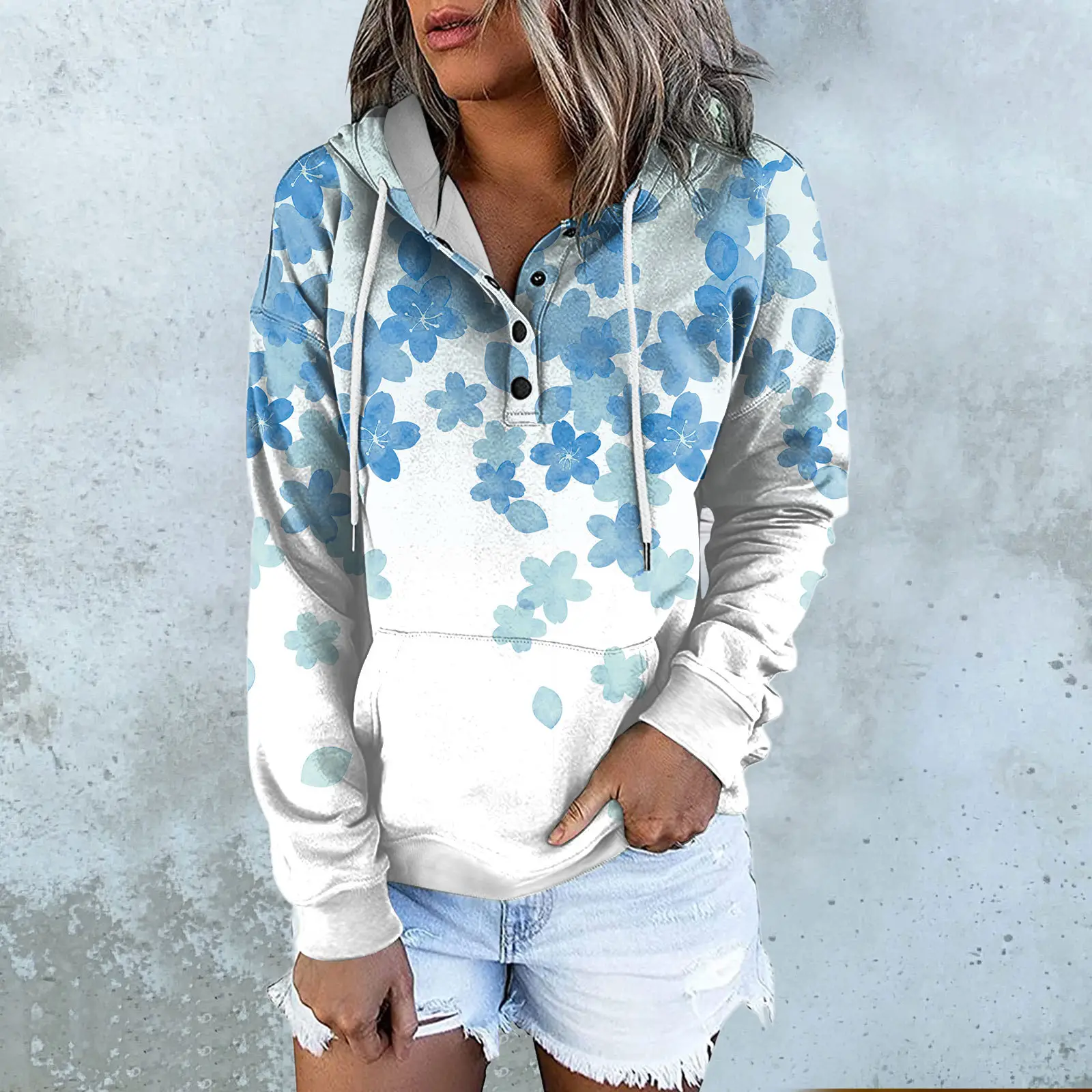 Women's Black Floral Hooded V-Neck Vest with Drawstring Pocket - Image 9