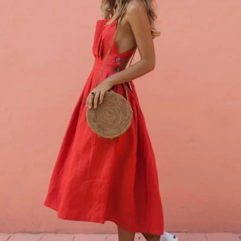Red Strap Button Waist Pleated Dress for Women - Image 2
