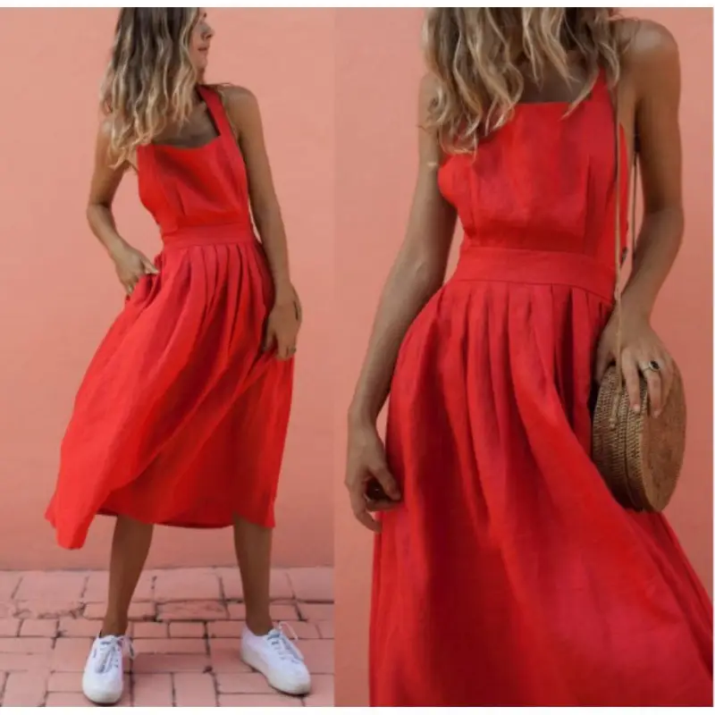 Red Strap Button Waist Pleated Dress for Women - Image 4