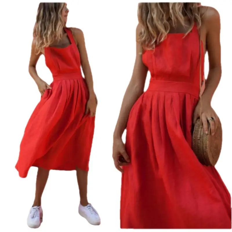 Red Strap Button Waist Pleated Dress for Women - Image 5
