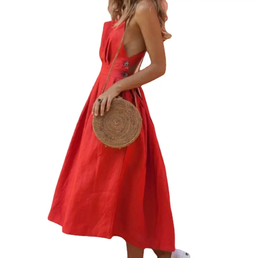 Red Strap Button Waist Pleated Dress for Women - Image 6
