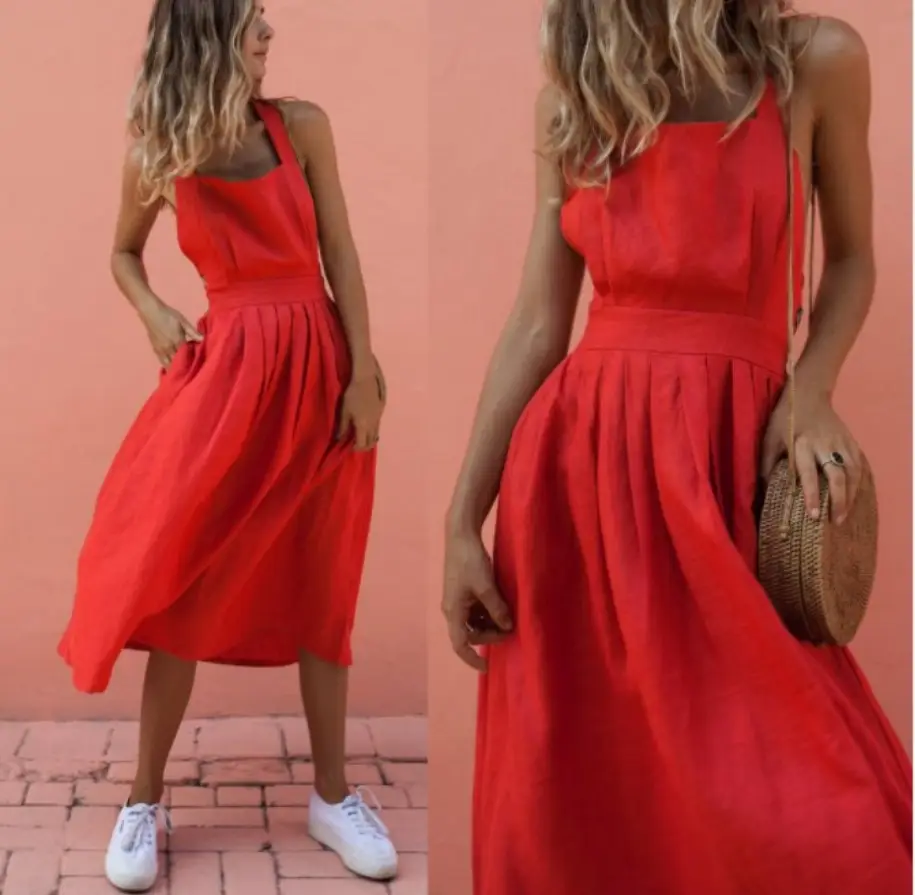Red Strap Button Waist Pleated Dress for Women — feature 3