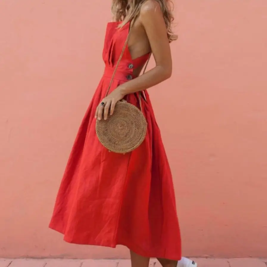 Red Strap Button Waist Pleated Dress for Women — feature 4