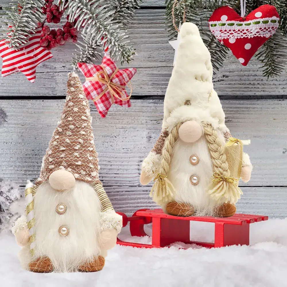 Nordic Couple Rudolph Dolls with Crutch Plush Ornament Set
