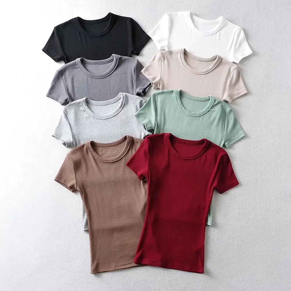 Summer 2022 Stretch Slim Top Women Round Neck Short Sleeve - Image 9