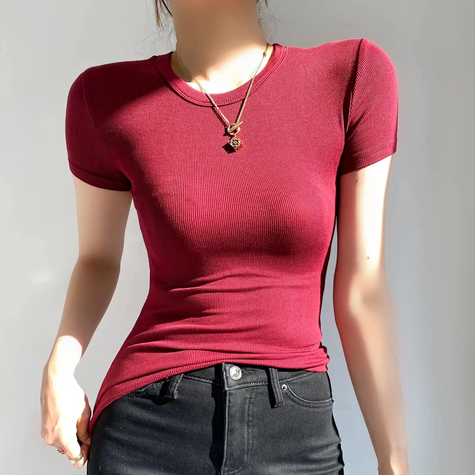 Summer 2022 Stretch Slim Top Women Round Neck Short Sleeve - Image 11