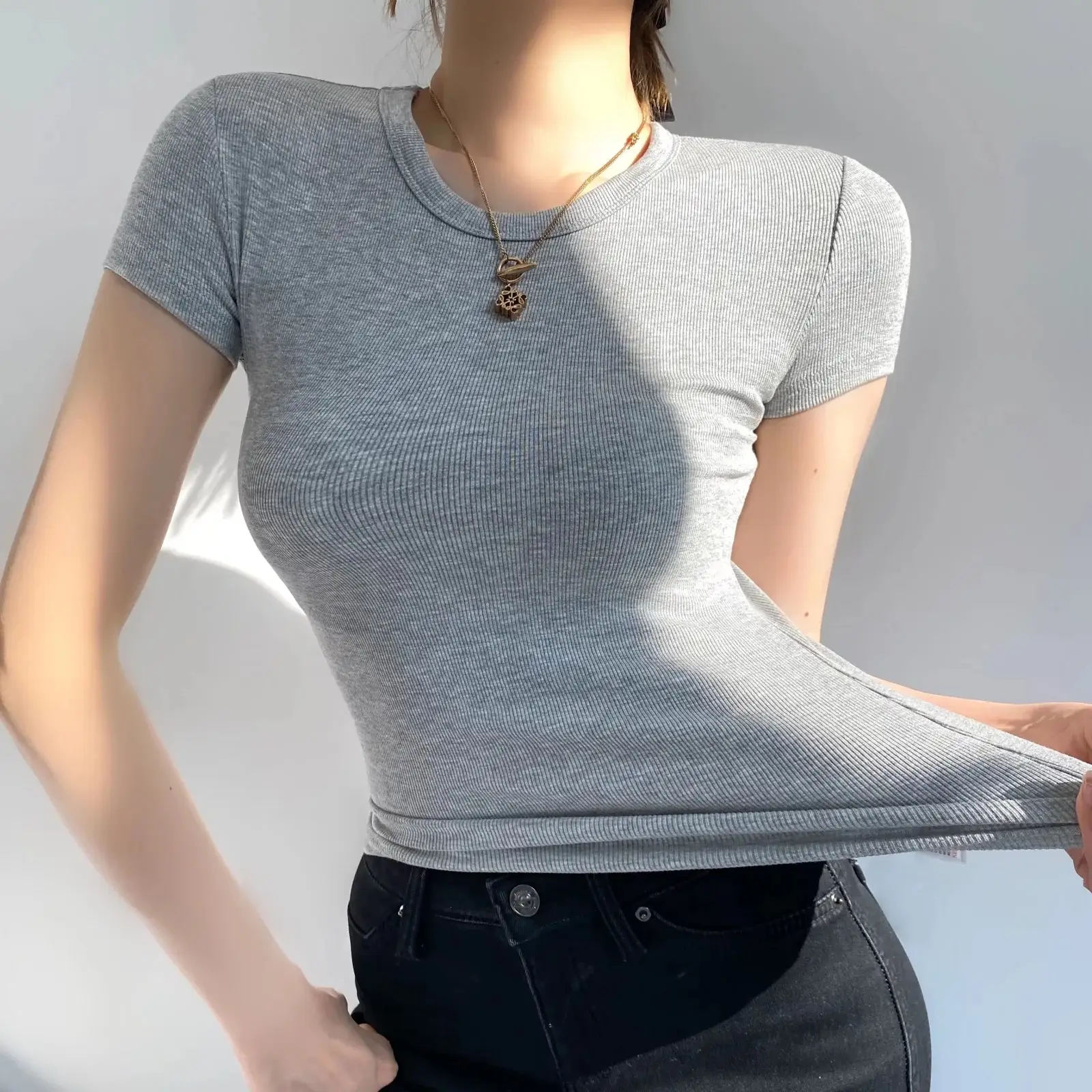 Summer 2022 Stretch Slim Top Women Round Neck Short Sleeve - Image 12
