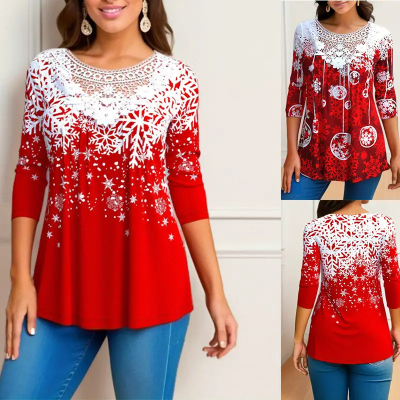 2022 Red White Lace Printed Christmas Long Sleeve T-Shirt Large - Image 2