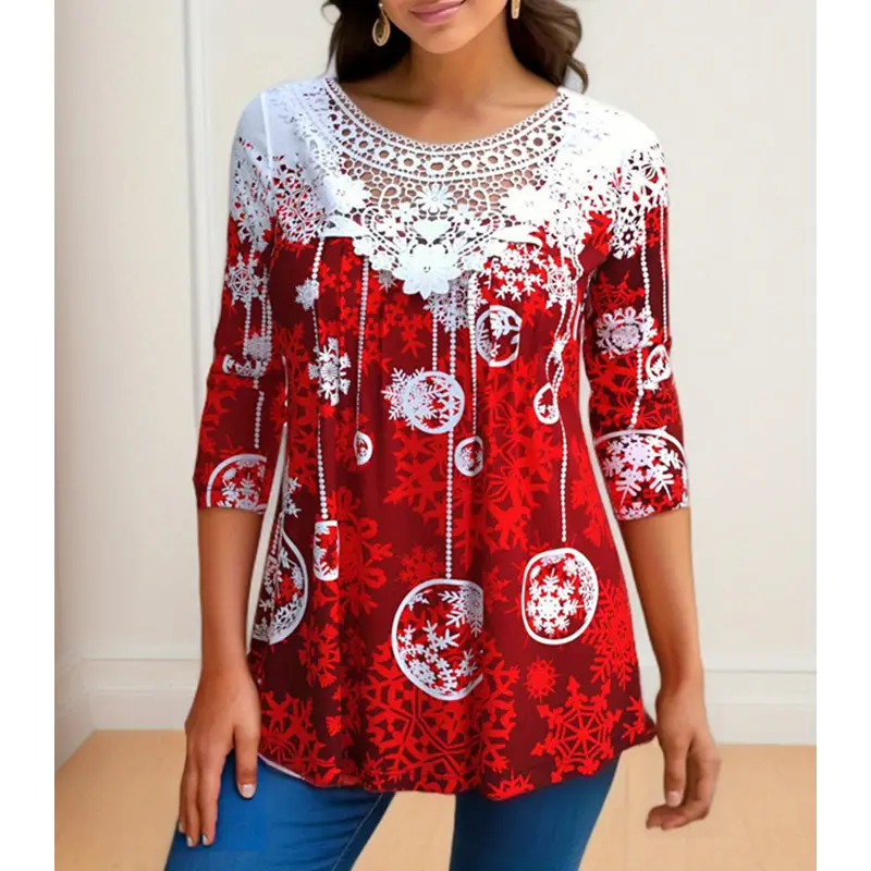 2022 Red White Lace Printed Christmas Long Sleeve T-Shirt Large - Image 3