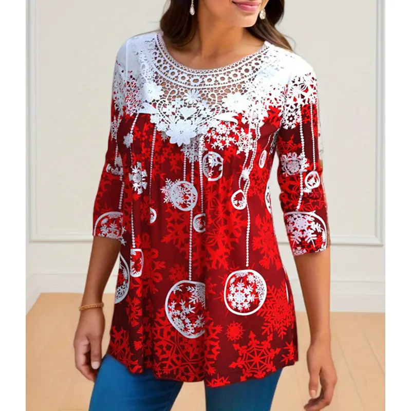 2022 Red White Lace Printed Christmas Long Sleeve T-Shirt Large - Image 4
