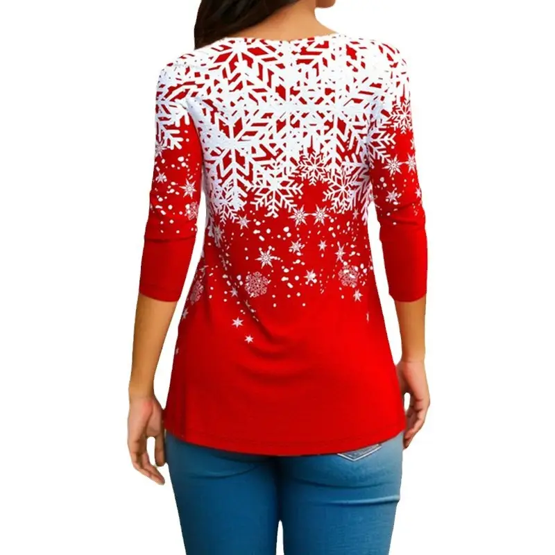 2022 Red White Lace Printed Christmas Long Sleeve T-Shirt Large - Image 5